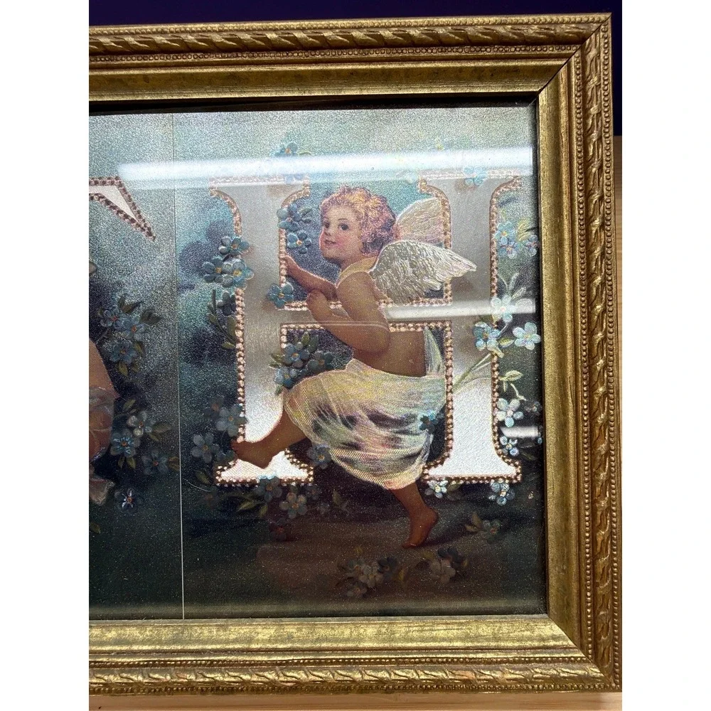 Vintage Framed BATH Cherub Angel Bathroom Wall Art Gold Frame 17.5x7